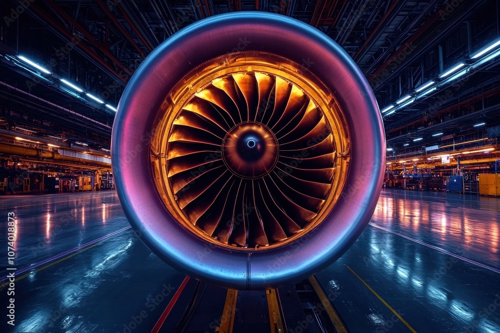 Poster close-up view of a shiny airplane engine in a hangar