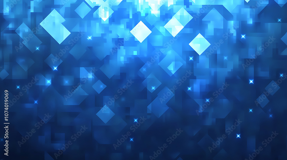 Poster Blue starry sky background with pixel art stars and squares Simple geometric space grid pattern for game or motion graphics animation