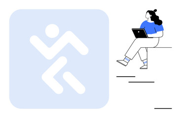 Woman working on a laptop while sitting, next to an abstract running figure. Ideal for business, productivity, technology, mobility, remote work, modern lifestyle, and fitness themes. Line metaphor