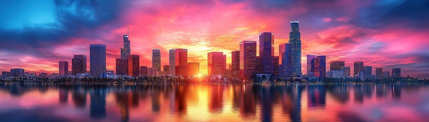 Fototapeta premium Stunning sunset over houston's urban skyline reflected in tranquil waters