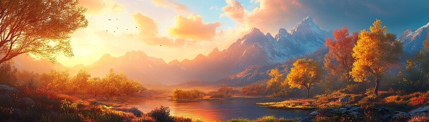 Experience the breathtaking beauty of nature as the sun sets over majestic mountains and serene lakes