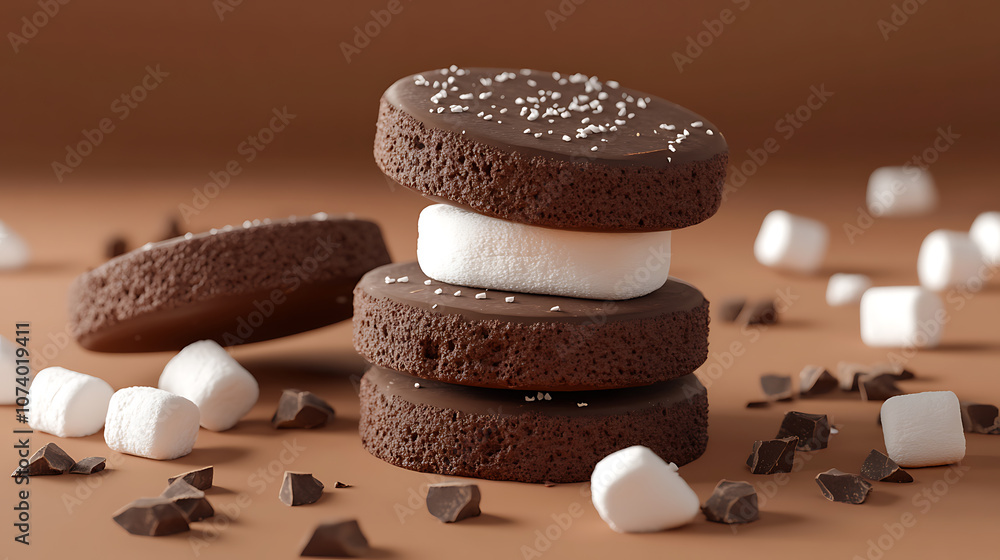 Poster Choco pie chocolate biscuits with marshmallow on an isolated background, depicted in a 3D rendering