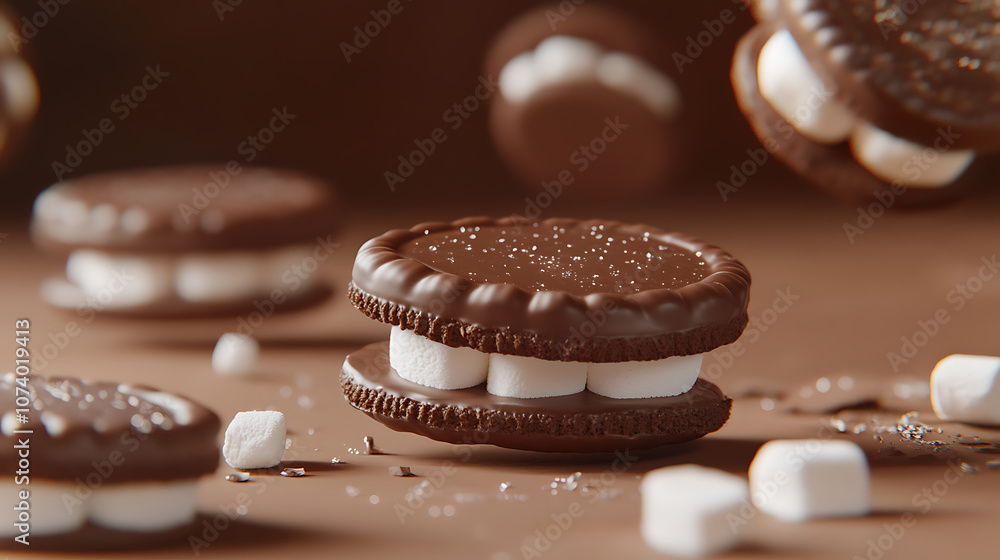 Poster Choco pie chocolate biscuits with marshmallow on an isolated background, depicted in a 3D rendering