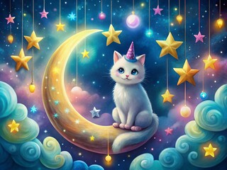 Adorable Night Photography of a Cute Cat Unicorn in a Doodle Style, Perfect for Kids' Decor and Imaginative Playtime Themes