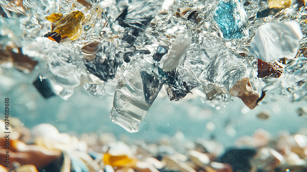 Poster close-up of microplastics floating in clear water, highlighting the environmental impact of plastic 