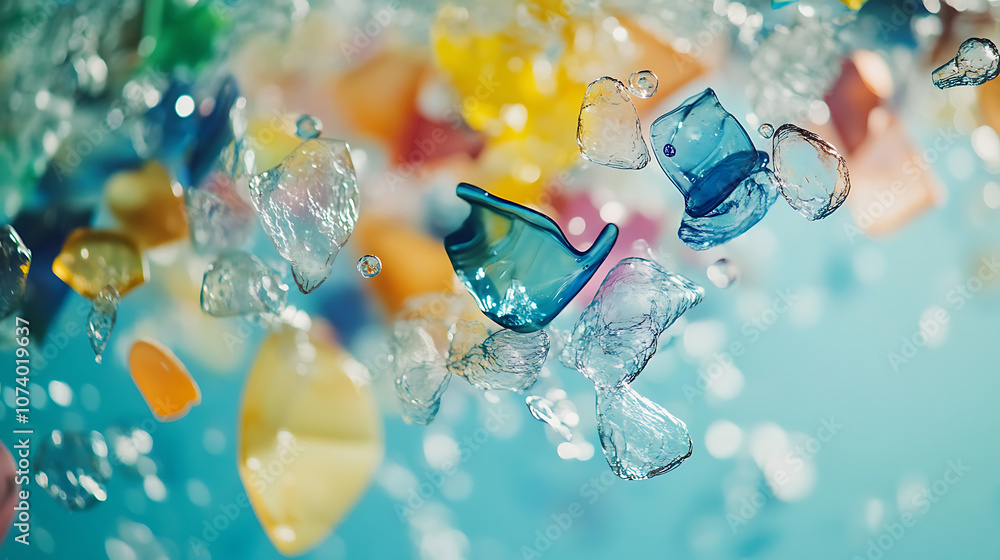 Aufkleber close-up of microplastics floating in clear water, highlighting the environmental impact of plastic 
