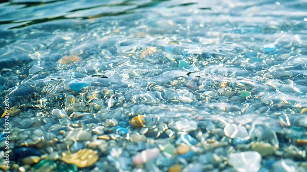 Aufkleber close-up of microplastics floating in clear water, highlighting the environmental impact of plastic 