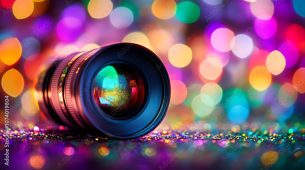 Poster closeup of camera lens with colorful bokeh lights in the background, symbolizing video production an