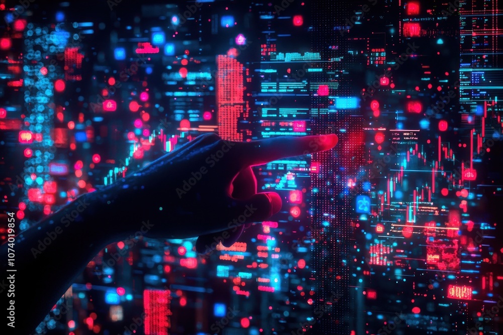 Fototapete A Hand Interacting with a Futuristic Digital Interface Displaying Data and Code
