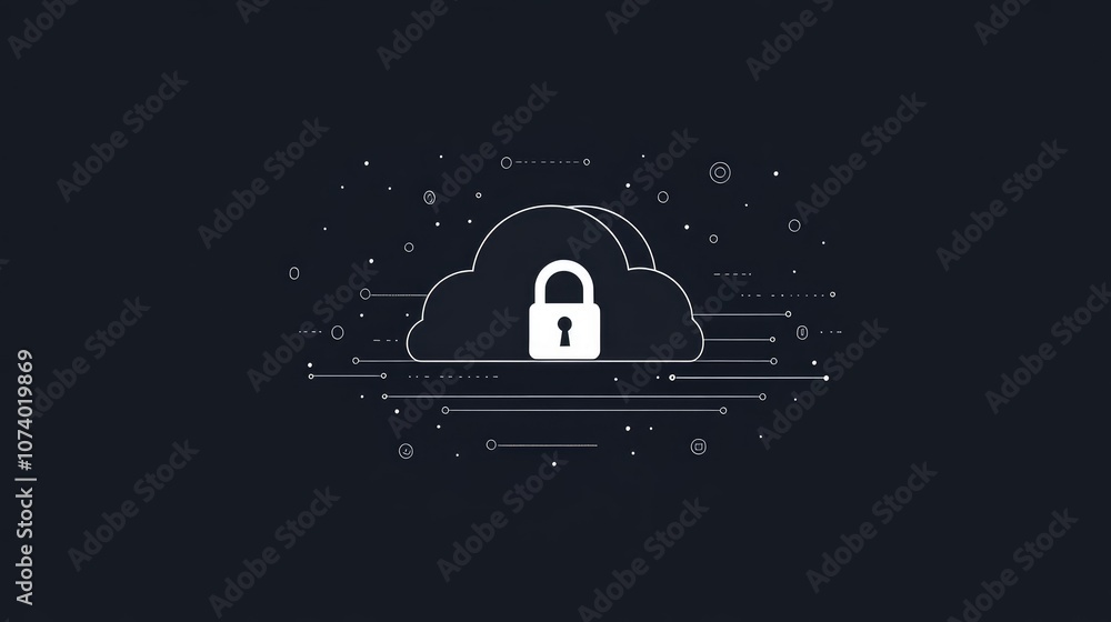 Poster cybersecurity concept with lock icon on abstract cloud technology background network security illust