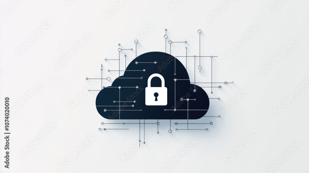 Poster cybersecurity concept with lock icon on abstract cloud technology background network security illust