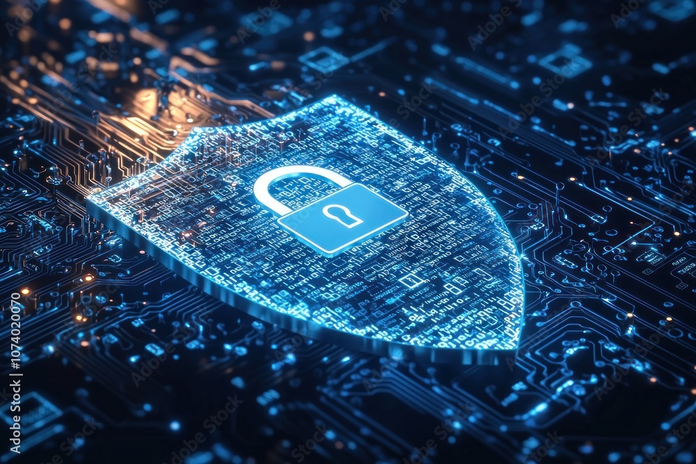 Poster cyber security shield with a padlock on a circuit board