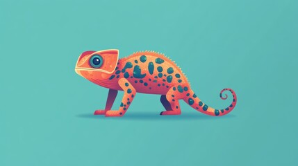 Cute Exotic Chameleon On Green Background Close Up Detailed Full Length Colorful Pet Lizard Exotic Animal Concept