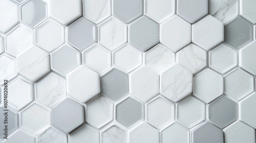 Poster modern hexagonal tile mirror featuring a white and gray texture creating a stylish background