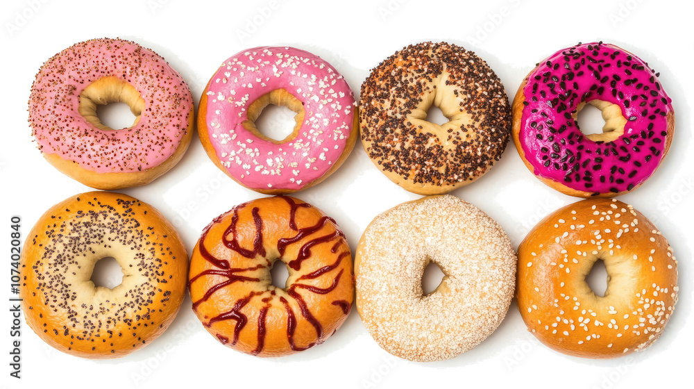 Poster colorful assortment of donuts displayed on a transparent background generative ai