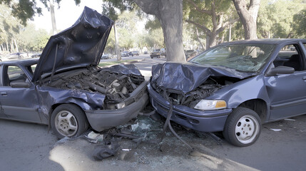 Auto Accident Involving Two Cars in the same color blue on a City Street - total damage on the tree in sunny day