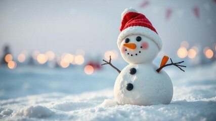 Fototapeta premium Happy and funny marshmallow snowmen standing in a snowy landscape, with carrot noses and chocolate eyes and smiles, chocolate, cute