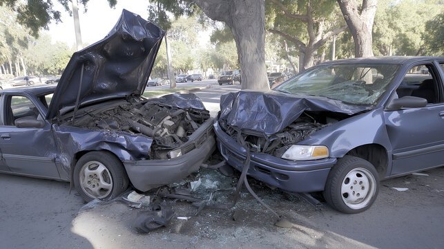 Auto Accident Involving Two Cars in the same color blue on a City Street - total damage on the tree in sunny day
