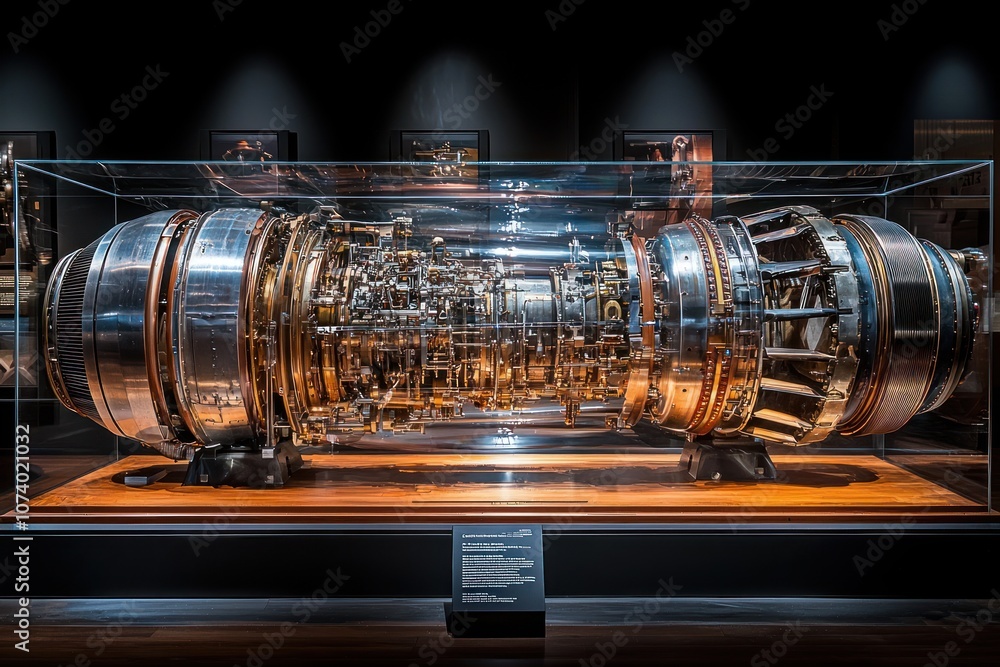 Poster a cut-away view of a jet engine displayed in a glass case