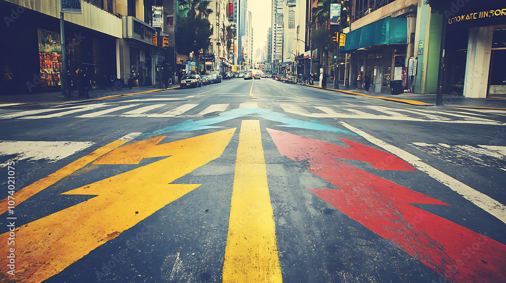 Poster decision making concept illustrated with arrows overlaid on a bustling city intersection crossroads,