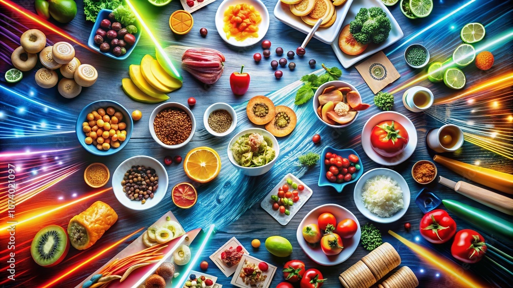 Aufkleber a dynamic representation of currency exchange visualized through food elements, highlighting the spe
