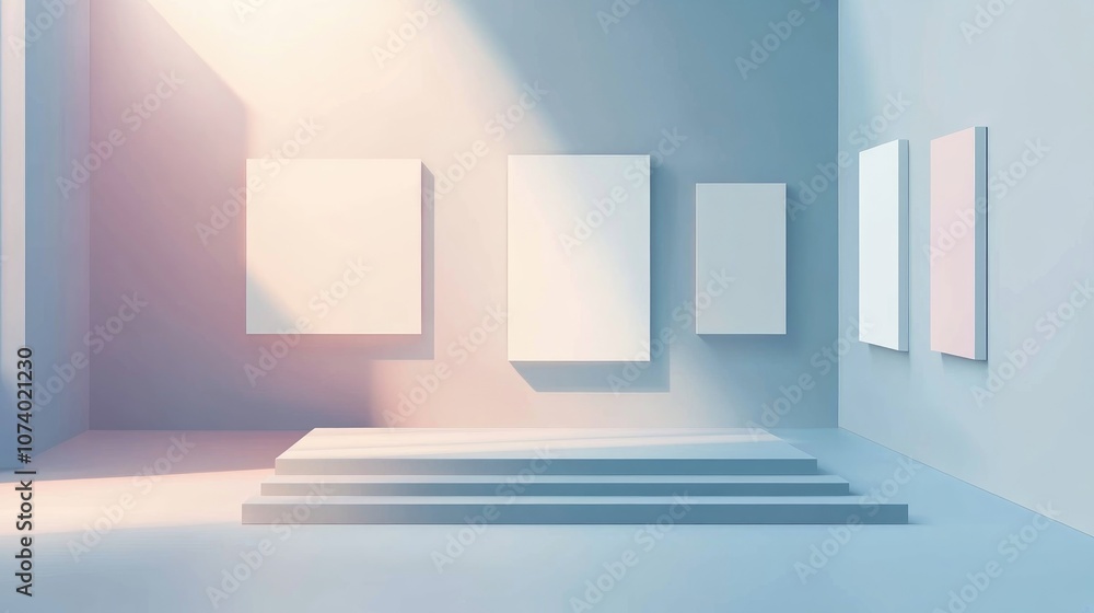 Poster surreal open space in a modern art gallery with blank exhibit room and empty showcase conceptual fea