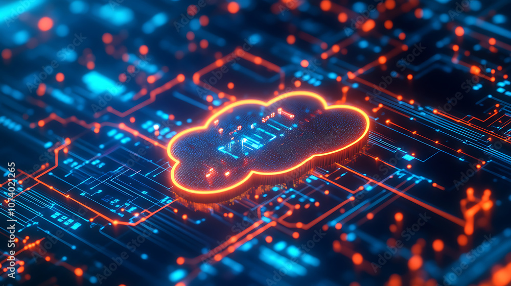 Poster Digital technology illustration of cloud computing with glowing digital clouds and data flow lines on a dark blue background, symbolizing online storage or big data