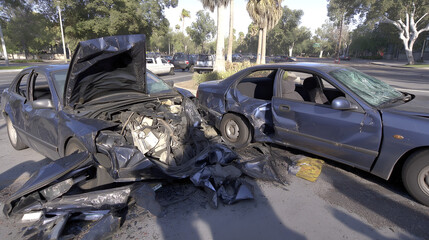 Auto Accident Involving Two Cars in the same color blue on a City Street - total damage on the tree in sunny day