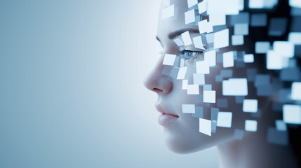 Futuristic representation of a human face breaking down into digital cubes, illustrating the integration of technology with human features and the concept of virtual identities. Pe