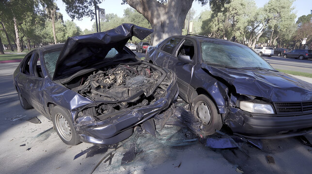 Auto Accident Involving Two Cars in the same color blue on a City Street - total damage on the tree in sunny day