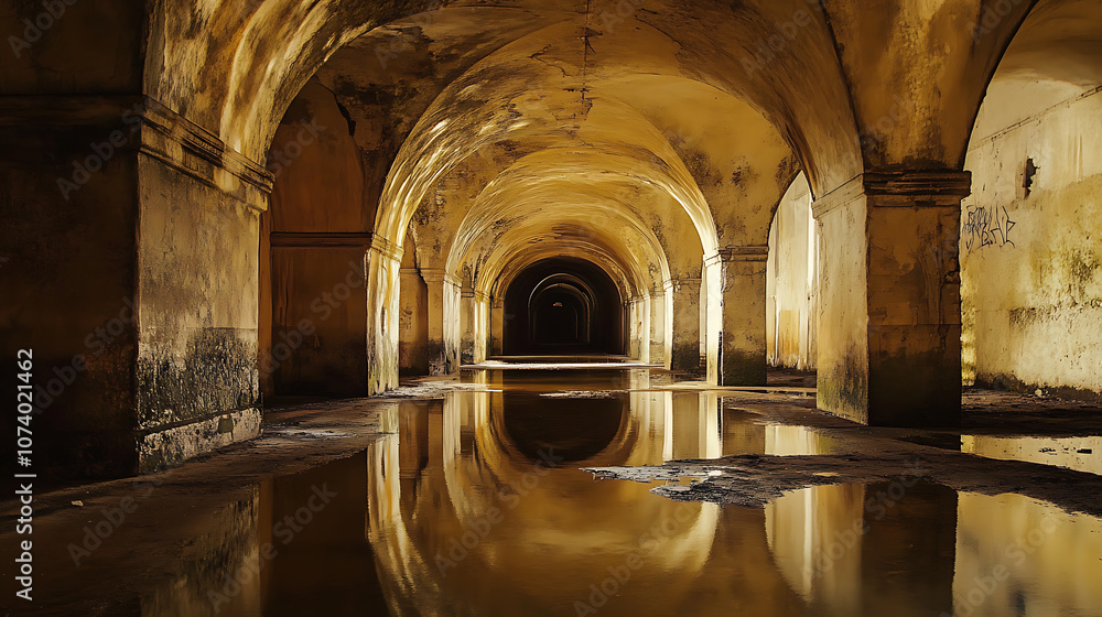 Poster dimly lit corridor with water on the floor in an abandoned building