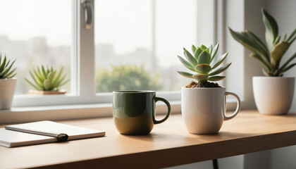 Oficina minimalista junto a una ventana con una planta y una taza de café