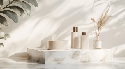 Elegant natural beauty podium featuring an empty cube for cosmetic product display complemented by a marble stone texture in a stylish 3D rendering