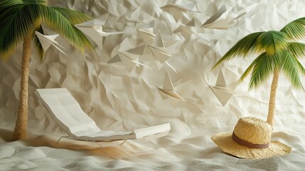 Tropical beach escape with paper origami birds, palm trees, sun hat, and lounge chair - concept of advertising for travel agencies