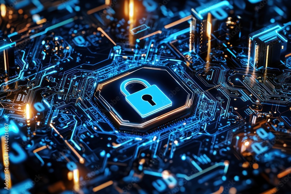 Poster digital lock icon on a futuristic circuit board