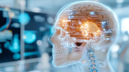 Obraz premium Skull model with embedded health monitoring tech, detailed digital readouts