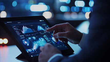 Business professional analyzing data visualizations on a digital tablet, with various charts and graphs displayed in a futuristic interface. Perfect for content about data analytic
