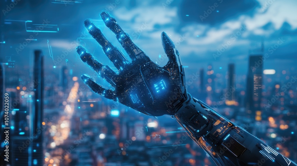 Poster futuristic blue abstract representation of cloud storage with a robotic hand highlighting ai technol