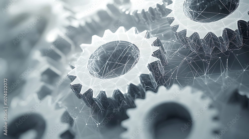 Poster gears and polygonal mesh background with digital technology elements or business, science or tech co