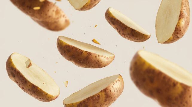 A close up of several pieces of cut up potatoes. The potatoes are in various stages of being cut, with some pieces still whole and others already sliced. Scene is one of abundance and variety