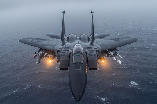 F-15E Strike Eagle Fighter Jet Flying Above the Ocean