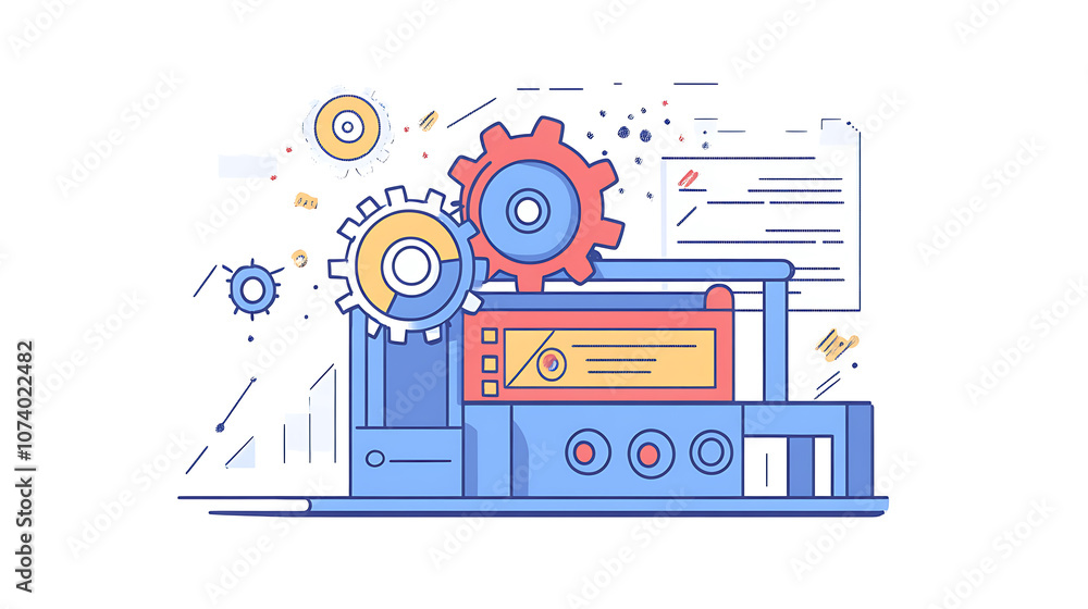 Poster Illustration depicting the concept of functions in programming, featuring a machine with cogs and wheels, stylized as a doodle drawing, representing the mechanics of code execution