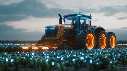 High-tech tractor in futuristic digital twin farming field