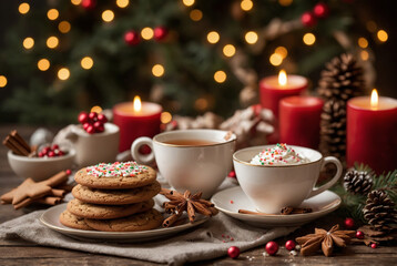 Fototapeta premium A cozy Christmas tea setup featuring a warm cup of tea surrounded by holiday gingerbread cookies in festive shapes, such as stars and trees.