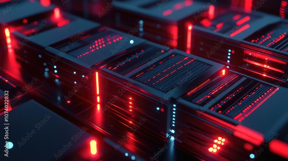 Aufkleber high speed server technology isometric design 3d illustration with glowing data transfer light and r