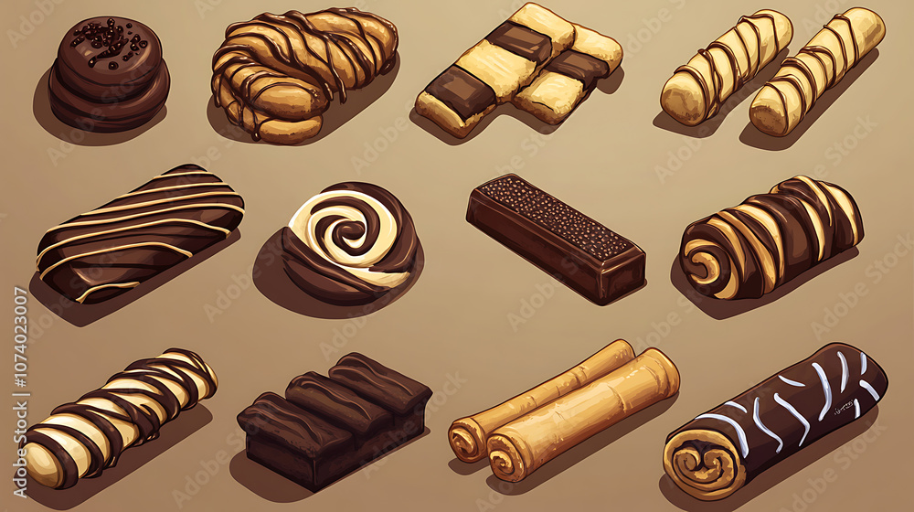 Poster a cartoon vector set of wafer rolls icons featuring choco sticks and sweet rolls