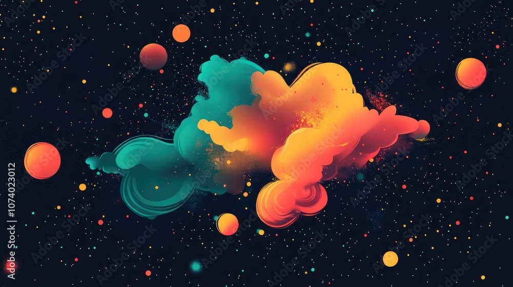 Poster abstract explosion of colors and shapes in space with realistic textures on dark background resembli