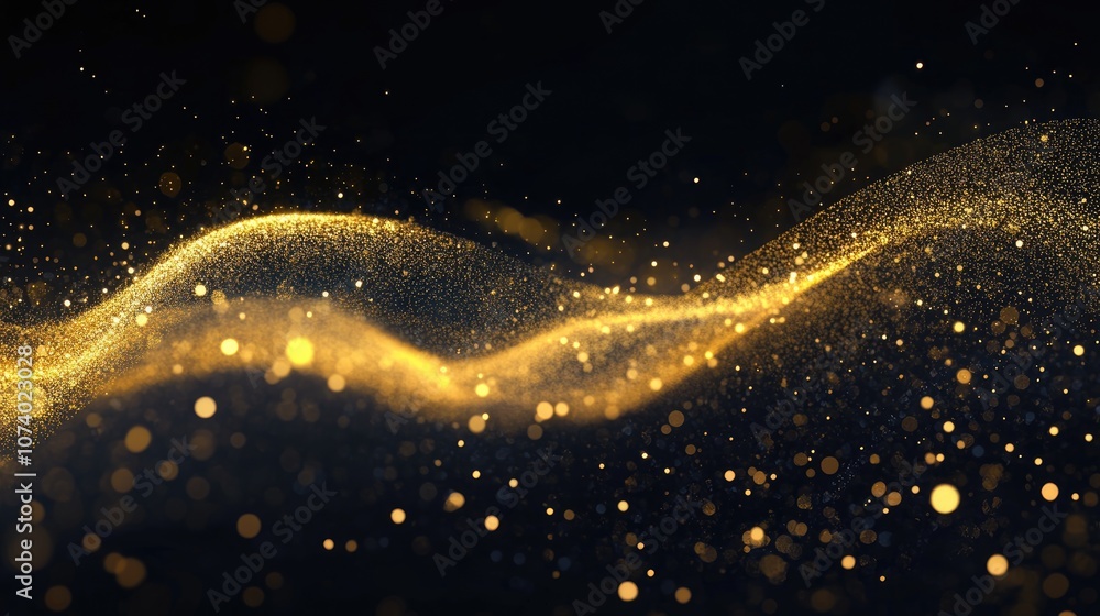 Poster gold glitter wave abstract design element featuring shimmering sparkles on a dark backdrop ideal for