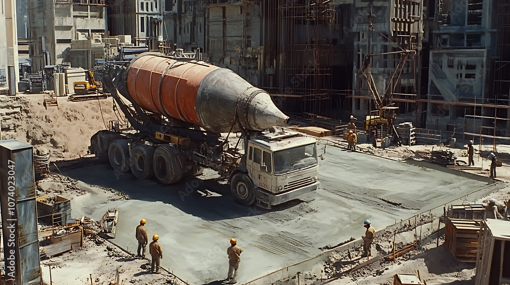 Aufkleber a cement truck pours its contents onto a concrete base as workers level it for the foundation of a h