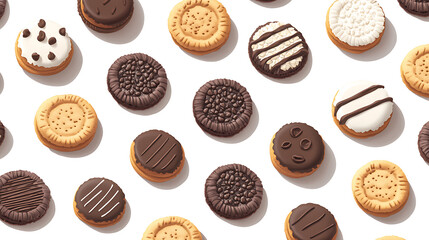 Isometric illustrations of various cookies on a white background, including tasty cookies, oatmeal cookies, and chocolate sandwich cookies